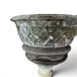 Large circular cast stone planter, and a small lattice planter on raised column