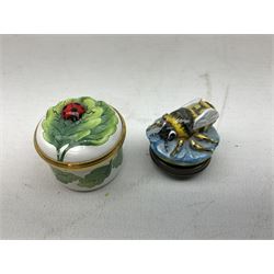 Two Halcyon Days enamel bonbonnieres modelled as mice, I am a magical mouse, and ''Consider the little mouse, how sagacious an animal it is...' Roman Playwright', together with three Halcyon Days enamel boxes, modelled as a bee upon a flower, a ladybird upon a leaf, and a strawberry, each in fitted box, (5)