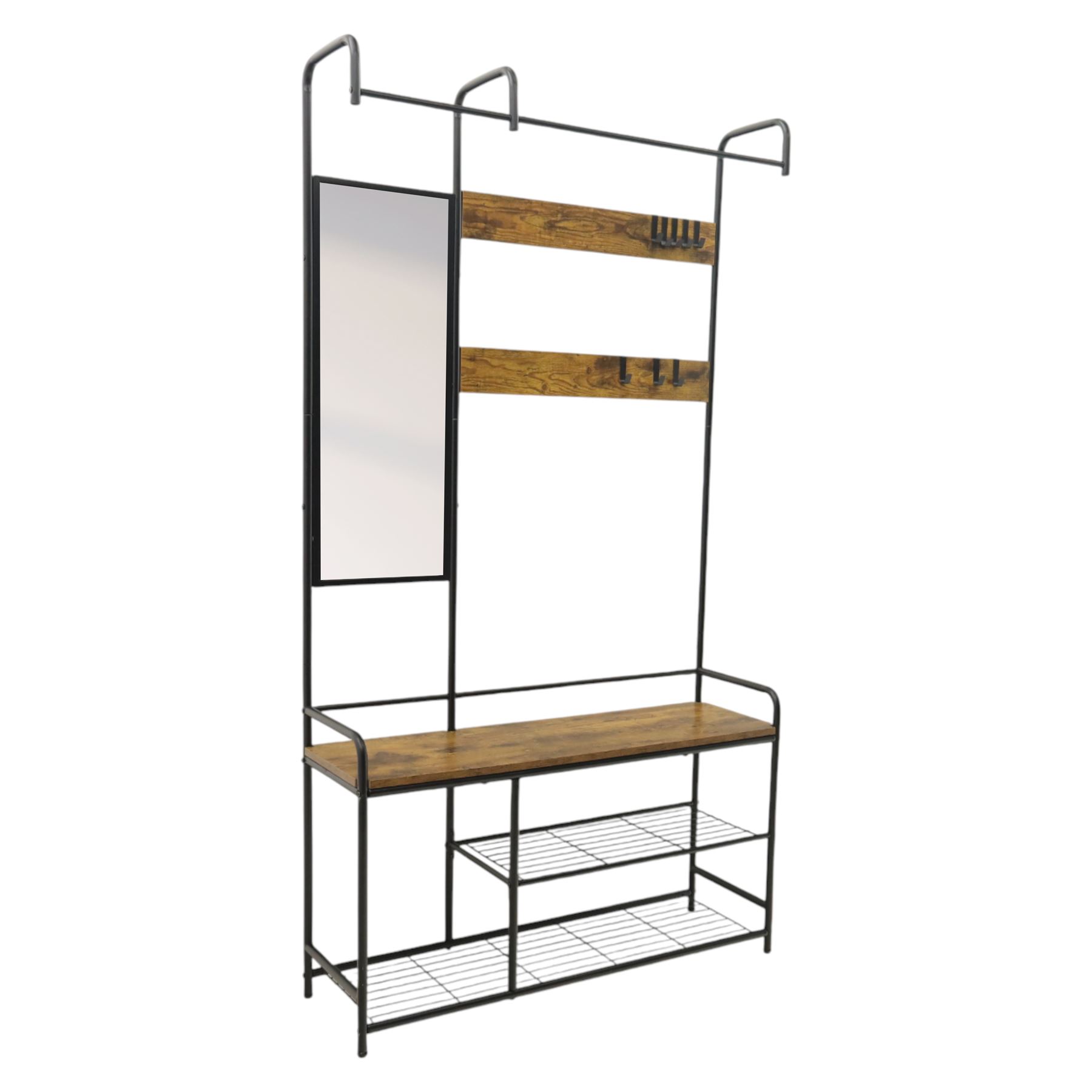 Modern hall stand black and rustic wood veneer, mirrored panel with multiple hooks, wooden veneer seat above shelving for shoes 
