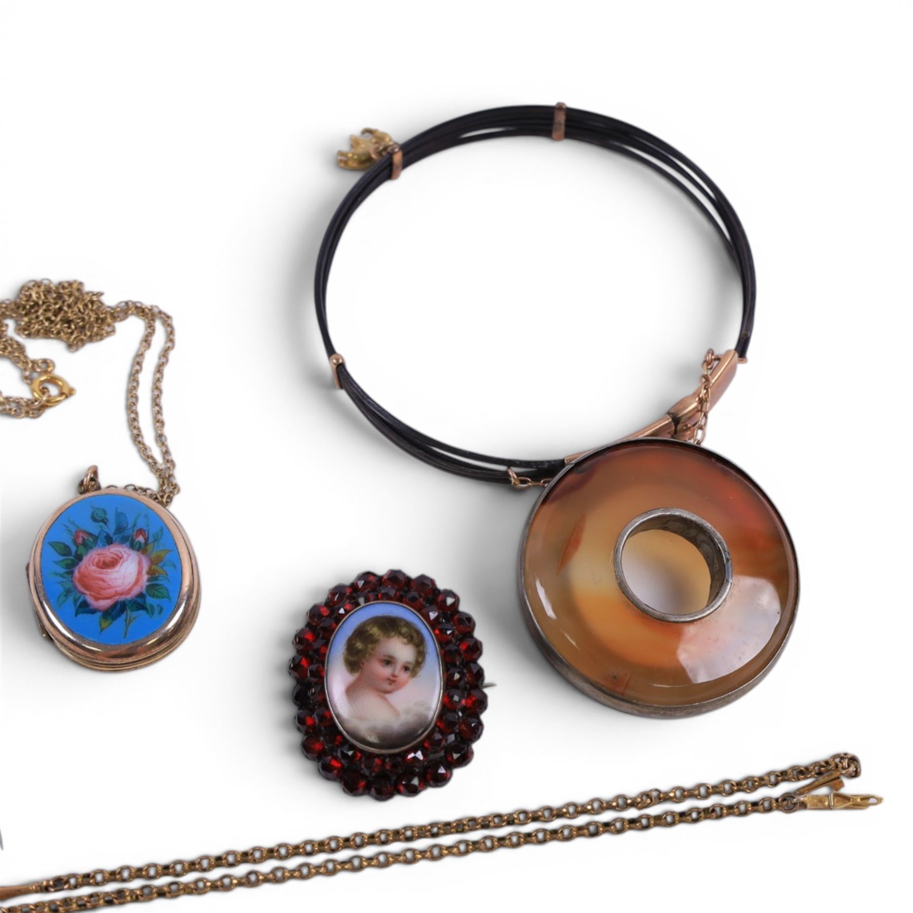 Victorian and later jewellery, including elephant hair bracelet with 9ct gold mounts, carved locket, brooch with putti portrait, 14ct gold cross charm, enamel gilt locket on 9ct gold chain, etc