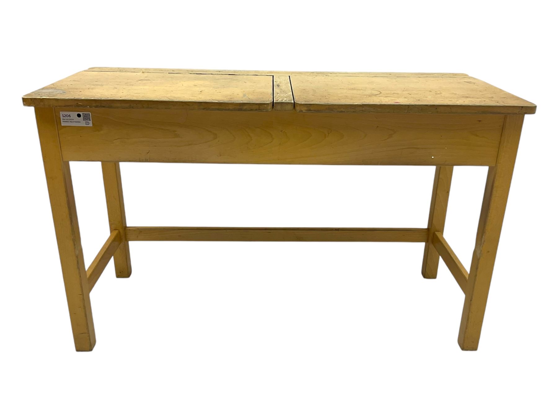 Mid-20th century beechwood school desk, rectangular lift-top desk with storage compartment, supported by square legs with cross stretchers; four matching beech chairs (5)