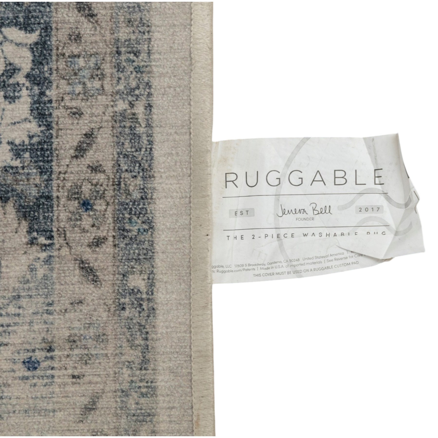 Ruggable - ‘Sarrah’ blue quartz flatwoven washable rug, ivory ground with blue and grey floral medallion, scrolling foliage and patterned borders, with a distressed effect finish, two-piece construction comprising a removable cover and separate pad, with a water-resistant and stain-resistant polyester barrier