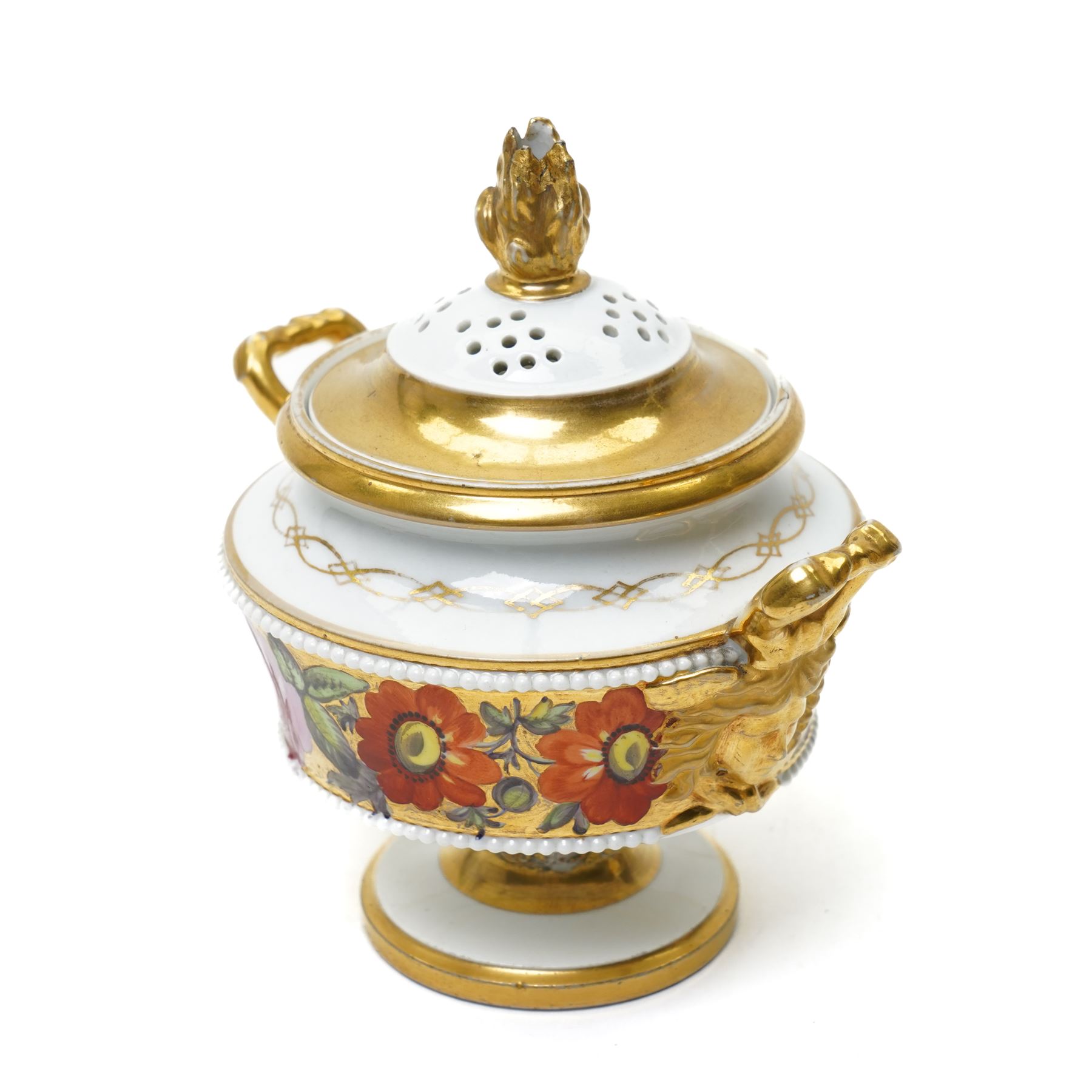 Pair of early 19th century potpourri, possibly Swansea, with twin gilt mascaron handles, the body painted with flowers on a gilt ground, spurious mark in red to base, H13cm  