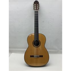 British hand made classical acoustic guitar by Huw Morgan with Indian rosewood back and sides and spruce top; bears label dated May 1998; L100cm; in Tribal Planet lightweight carrying case