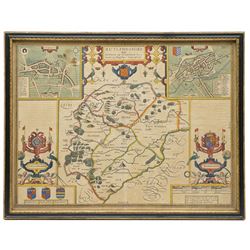 John Speed (British 1552-1629): 'Rutlandshire', 17th century engraved map with hand-colouring with inset plans of Oukham (Oakham) and Stanford and numerous armorials, English text verso pub. c.1627-1632, 40cm x 52cm