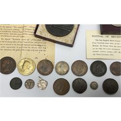 Lusitania replica medal, boxed and various coins including King George VI 1951 Festival of Britain crown, United States of America 1844 one cent and 1850 half dime, Queen Victoria States of Jersey 1844 one thirteenth of a shilling, etc