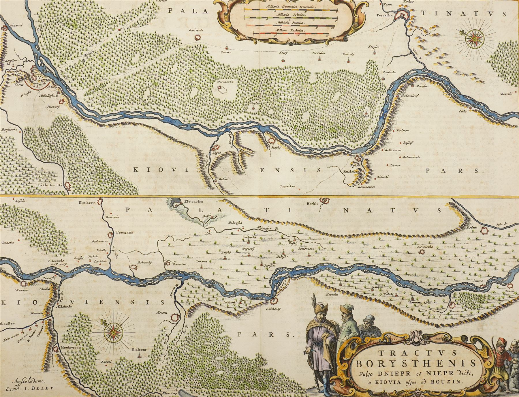 Johannes (Joan) Blaeu (Dutch 1596-1673): 'Tractus Borysthenis vulgo Dniepr et Niepr Dicti, à Kiovia ufque ad Bouzin', 17th century engraved map with hand-colouring of the Dnieper river in Ukraine from Kiev through Cherkasy pub. Atlas Major c.1662, 51cm x 61cm (unframed)