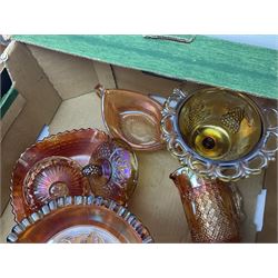 Collection of orange carnival glass, including jugs, dishes, vases etc, in two boxes 