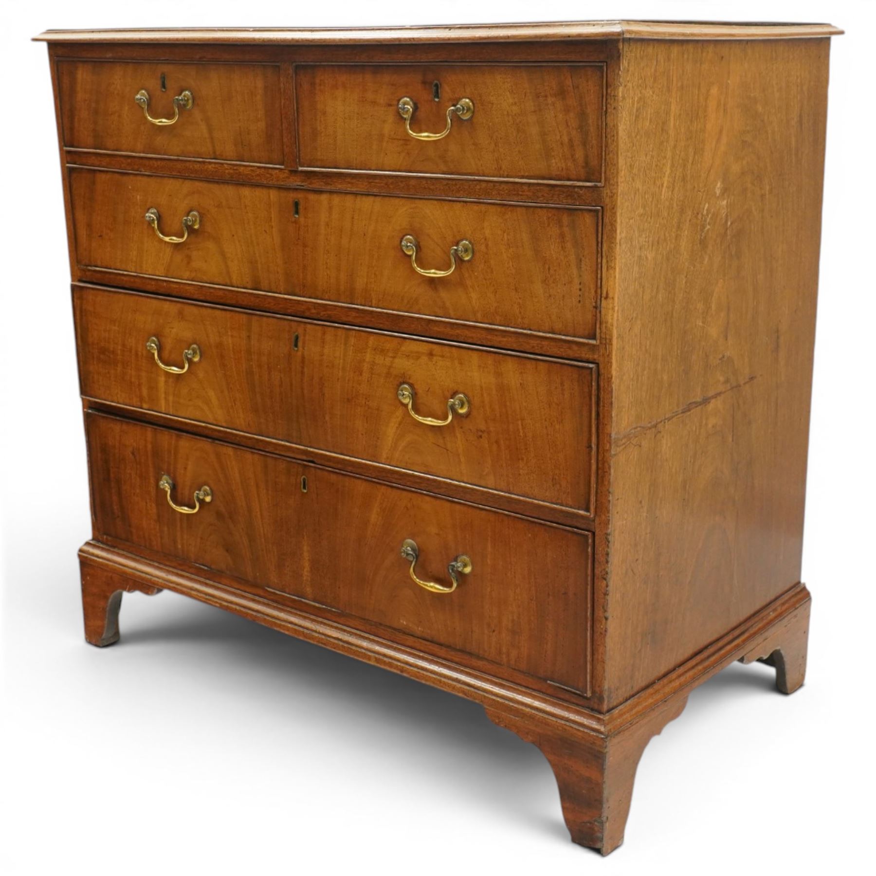 George III mahogany straight-front chest, rectangular top with moulded edge, over two short and three long graduating cock-beaded drawers, each with original brass swan neck handles, lower moulded edge on bracket feet