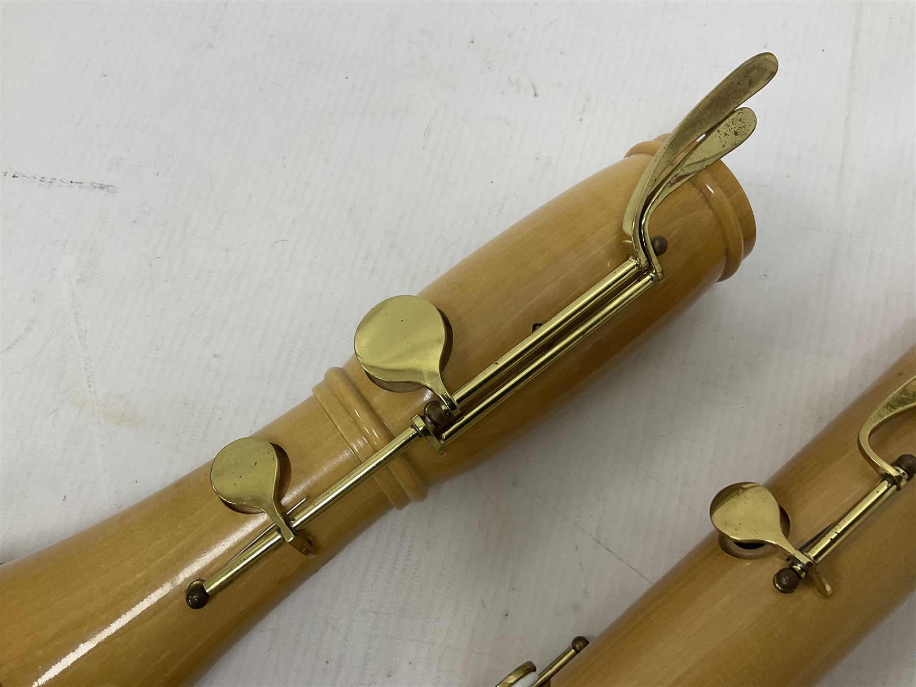 Wooden bass recorder, possibly by Roessler but unmarked, in fitted and lined case 