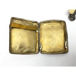 Silver cigarette case with hallmarked gilt interior, approx weight 66g, and other silver plate and metal items to include cutlery, souvenir spoons, moulded glass claret jug, cruet set etc
