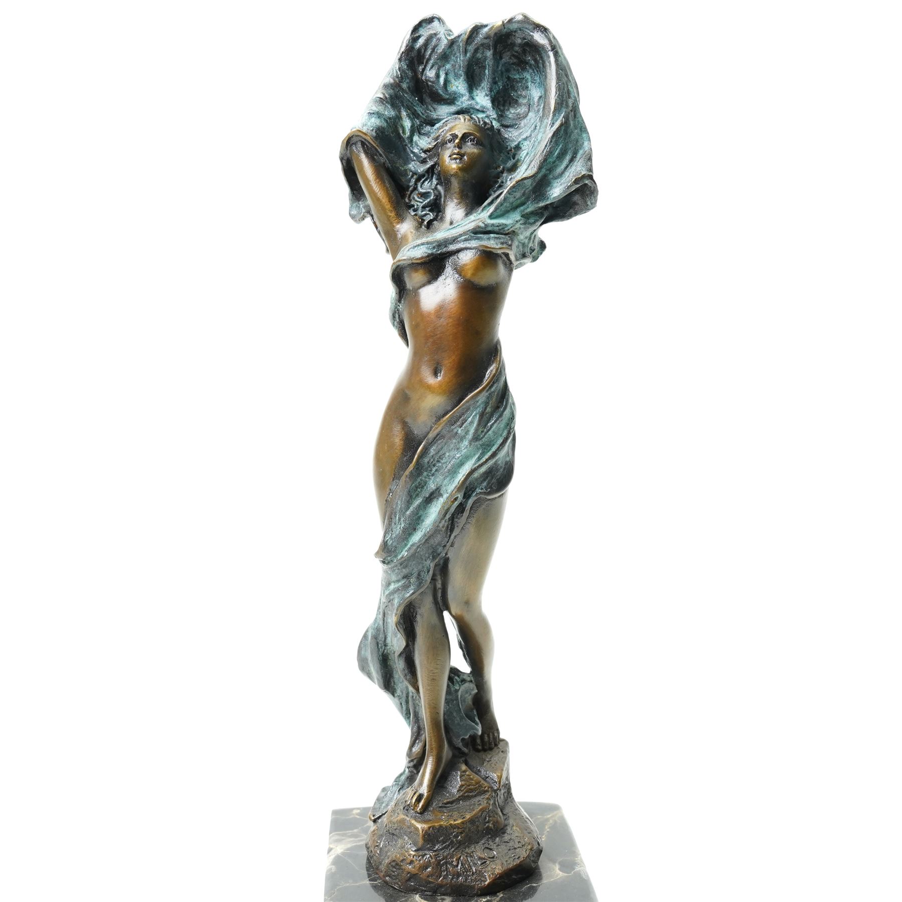 Art Nouveau style bronze figure of a dancing lady, signed Milo, on black marble base, H35cm