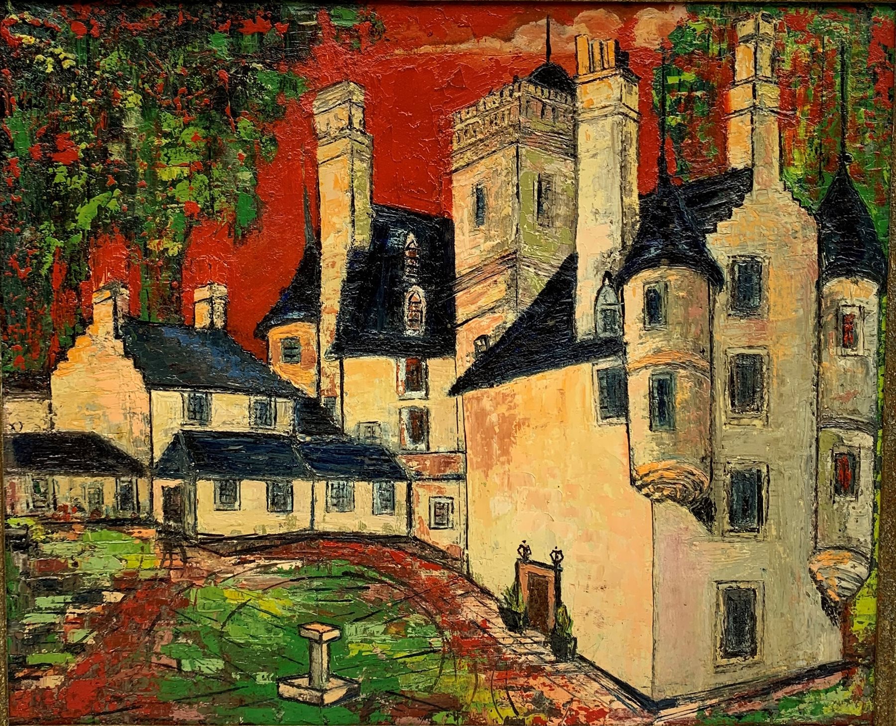 Lady Brenda Steel-Maitland (British ?-2003): 'Red Sky' Castle Gogar near Edinburgh, oil on board, signed, titled and inscribed verso 49cm x 60cm
