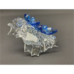 Swarovski Crystal animals, comprising white peacock, the tail with cascading blue flowers, perched eagle with yellow beak, ibex with frosted crystal horns and unicorn with frosted crystal horn, tallest H13cm