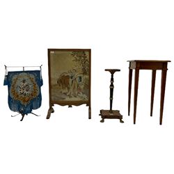 Oak tapestry firescreen, embroidered screen, oak lamp table, oak side table, rosewood stand, cherry wood stand and two mirrors (8)