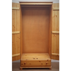  Solid pine wardrobe, two doors above drawer, bun feet, W86cm, H178cm, D54cm  