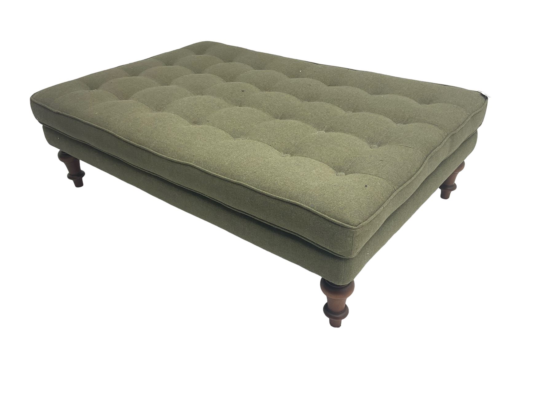 Peter Silk of Helmsley - large rectangular footstool upholstered in buttoned green tweed fabric, on turned mahogany feet