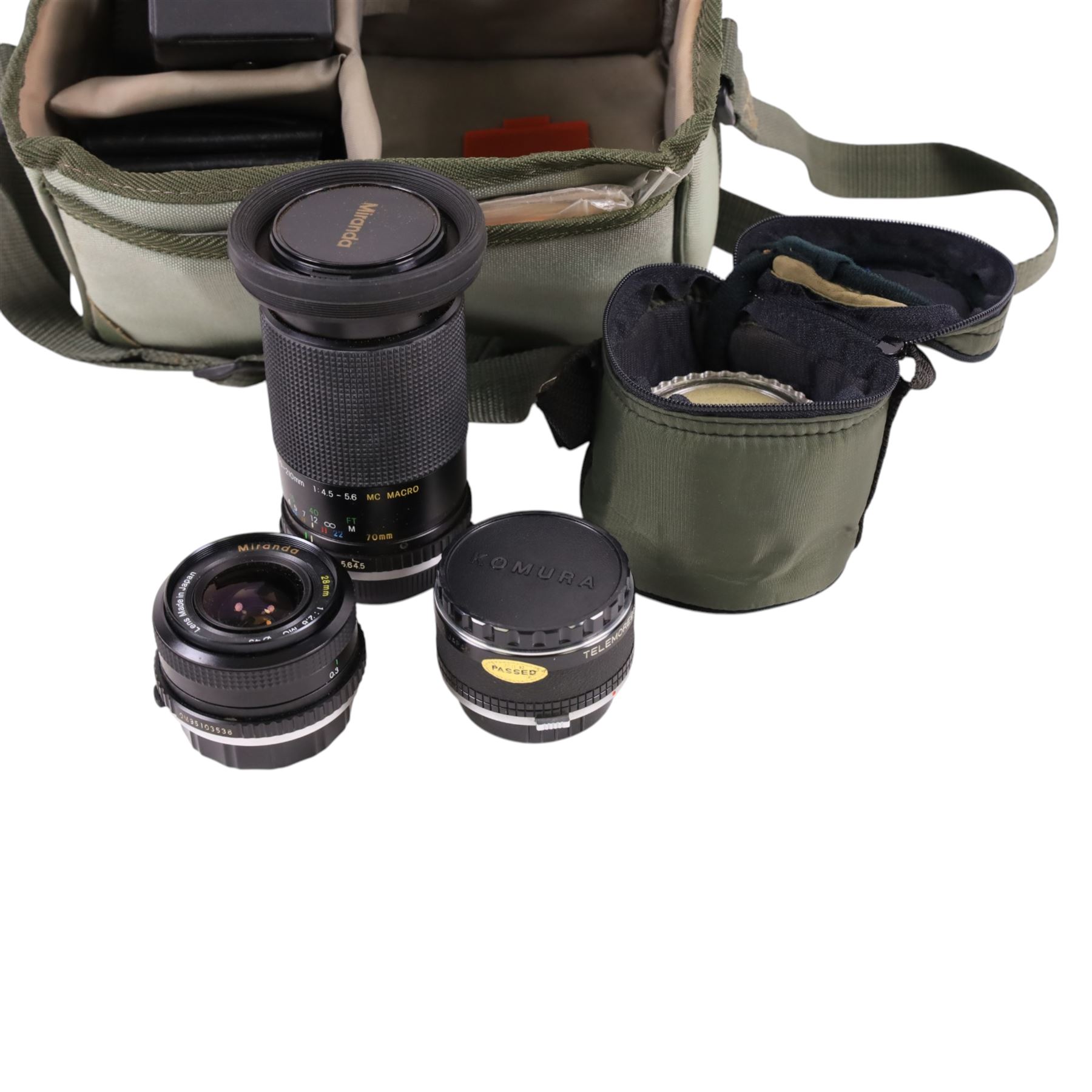 Olympus OM10 SLR camera, lenses including Miranda 28mm 1:2.8 and Miranda 70-210mm 1:4.5-5.6, other accessories, carry case and lens pouches