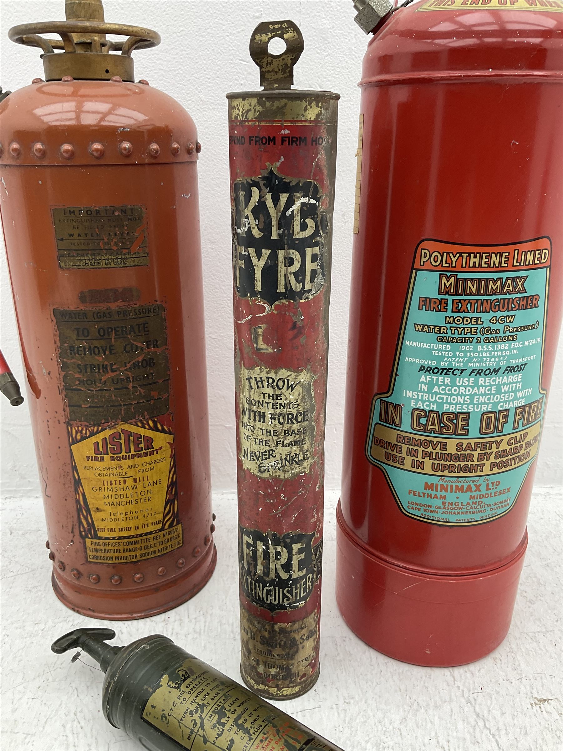 Early 20th century Kyl Fyre dry powder fire extinguisher, together with a Pyrene C.T.C fire extinguisher, and two larger fire extinguishers comprising a 1962 Minimax example and a Lister example, tallest H66cm