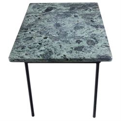 Small green marble topped occasional table, the rectangular top with dark veining raised on slender black painted metal legs, H 29cm, W 50cm