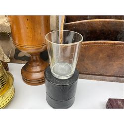 Pair of turned wooden goblets, six hardstone eggs, vintage slide rule and a leather letter rack, etc