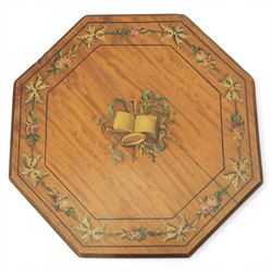 Edwardian inlaid satinwood occasional table, the octagonal top with central painted classical urn within floral garland border, shaped frieze with further painted swags, raised on square tapering legs united by an undertier stretcher