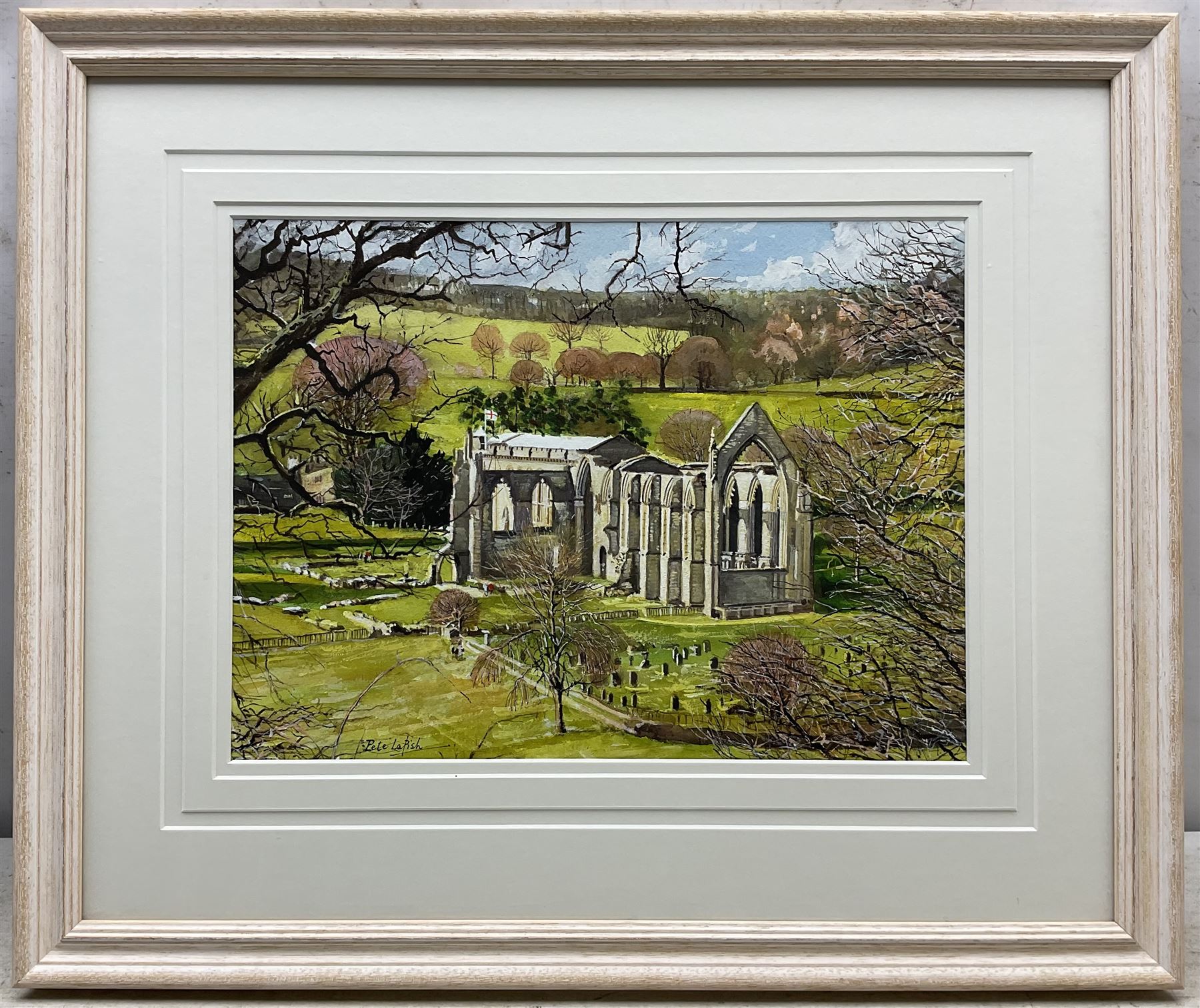 Peter Lapish (British 1937-): 'Bolton Abbey from the Cliff', acrylic on paper signed, titled verso 27cm x 36cm
