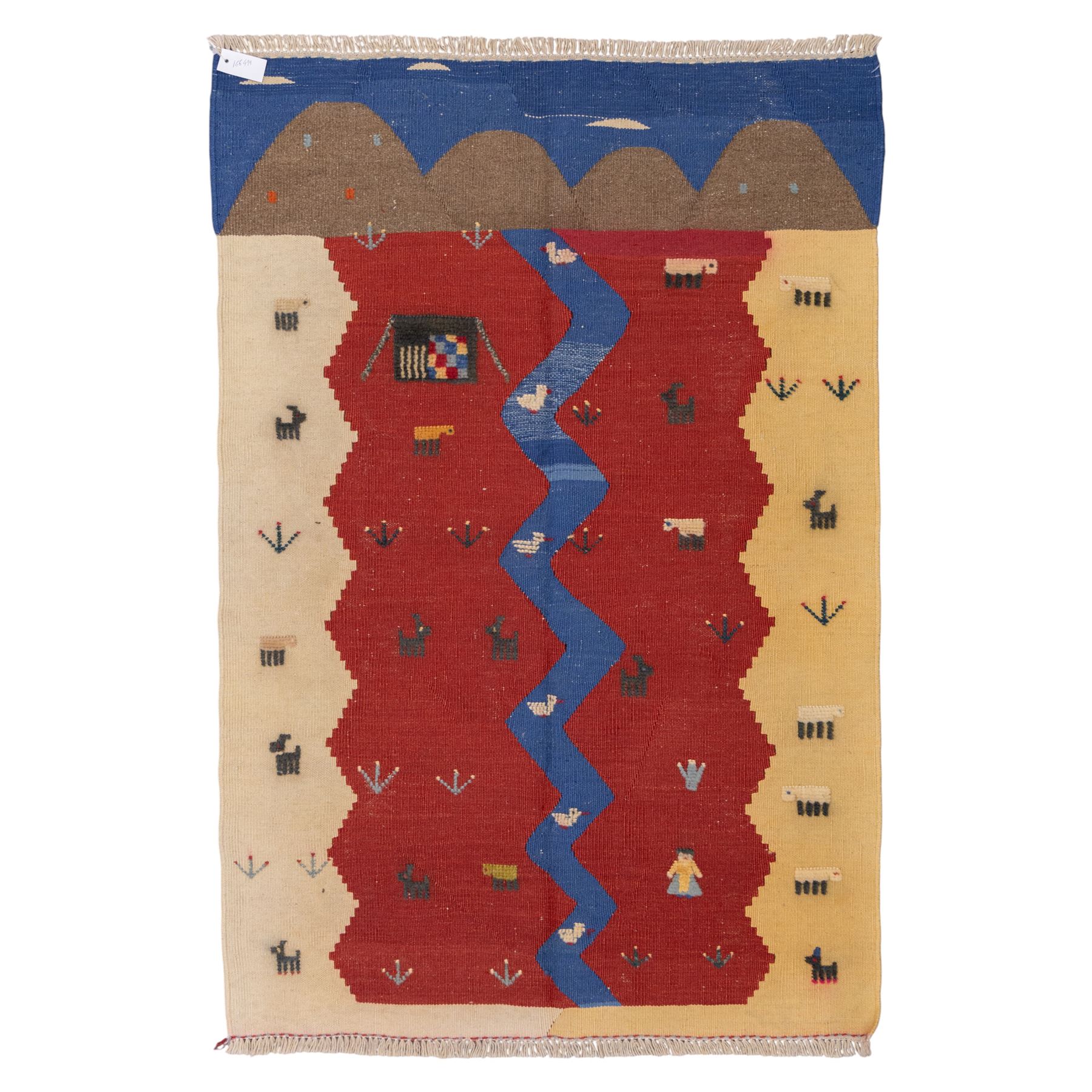 South West Persian Qashqai pictorial flatweave kilim, with central sinuous indigo river band dividing broad panels of madder red and camel yellow, red ground sparsely decorated with stylized animals, birds, and schematic shrubs, executed in bold geometric idiom, with fringe ends 