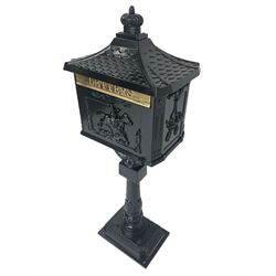 Classical black painted aluminium post box on pillar base, with keys