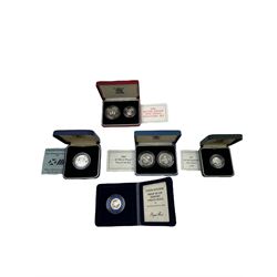 The Royal Mint United Kingdom cased silver proof coins or sets, comprising 1982 twenty pence piedfort, 1986 'XIII Commonwealth Games' two pounds, 1989 'Tercentenary of the Claim of Rights' 'Tercentenary of the Bill of Rights' two pound two coin set, 1990 five pence two coin set and 1990 piedfort five pence, all cased with certificates
