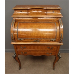  French style kingwood and parquetry cylinder top bureau, with gilt metal mount, two small drawers above fitted interior, slide to base with two drawers, on cabriole legs, W90cm, H128cm, D56cm  