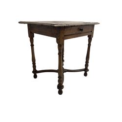 18th century elm and fruitwood lowboy, moulded rectangular top over single drawer, on turned supports joined by curved x framed stretchers