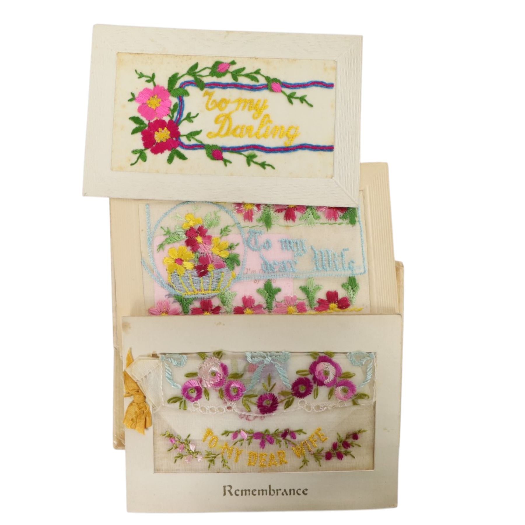Eight WWI silk work sweetheart cards, and a silk to my wife handkerchief 