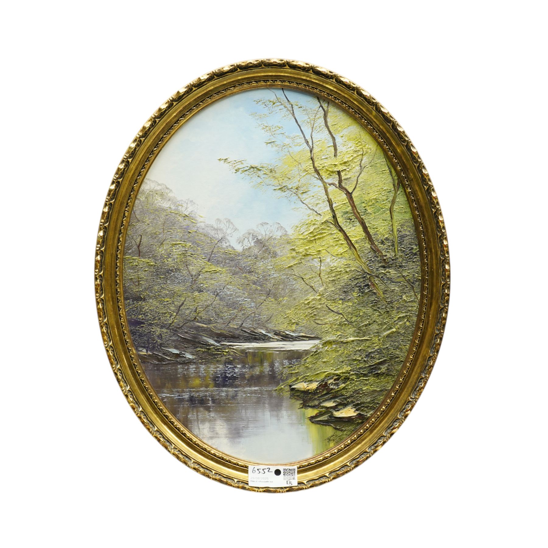 Terence 'Terry' Evans (British 1943-): Tree Covered River Landscape, pair oval oils with impasto on canvas signed 49cm x 39cm (2)
Provenance: with Newquay Galleries