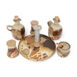 Canterbury Pottery studio pottery cruet set, comprising salt and pepper shaker, mustard pot, oil jug, vinegar jug and stand 