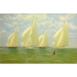  Michael J Whitehand (British 1941-): 'Velsheda Shamrock and Candida Racing in the Solent in a Light Breeze', oil on canvas signed, titled verso 99cm x 150cm  DDS - Artist's resale rights may apply to this lot   