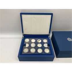 The Queen's Diamond Jubilee silver proof coin collection, consisting of twenty-four coins from Commonwealth countries, produced by The Royal Mint, housed in a blue presentation case, with certificate stating this is number 1397 of 15000 produced