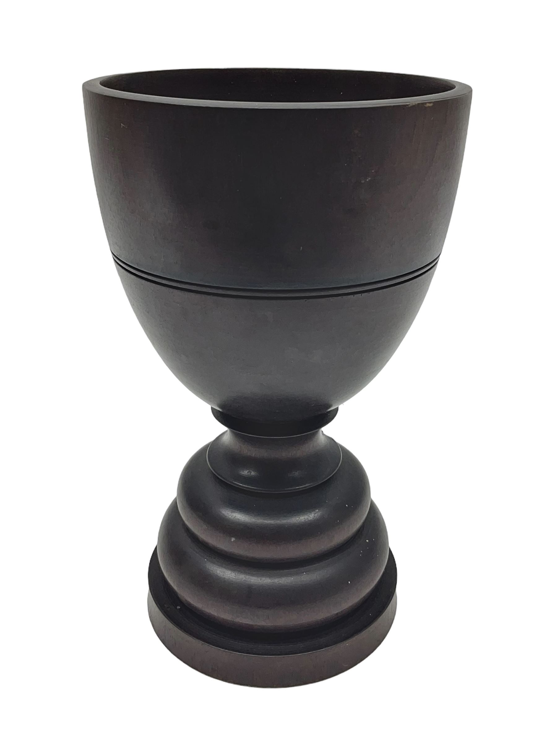 19th century large treen turned hardwood goblet, upon double knopped stem and circular foot, H23.5cm 