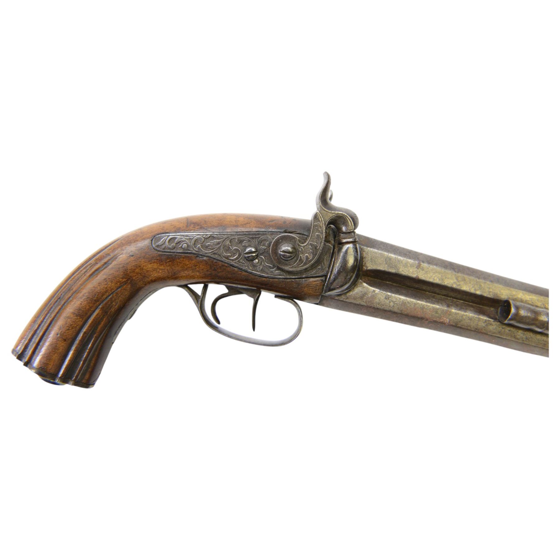 19th century double-barrelled percussion pistol, the octagonal, over and under, barrels with remains of the signature 