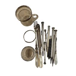 Silver propelling pencil and a silver toothpick, together with two silver collared glass items and a small collection of silver plated propelling pencils, etc