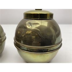 Pair of brass 1924 commemorative tea caddies, of ovoid form the waist embossed with 'British Empire Exhibition 1924' 'Lipton's Souvenir Tea Caddy', H18cm
