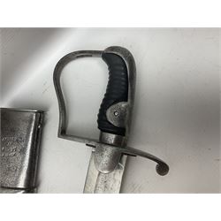 British 1796 Pattern Light Cavalry trooper's sword, the 84cm curving fullered blade stamped Hadley.1 to the back edge, steel hilt with knucklebow, D-shaped langets and leather grip; in polished steel scabbard stamped Osborn & Gunby Birmm. and W.R.16 ( ?16th Light Dragoons) with two suspension rings L100cm overall