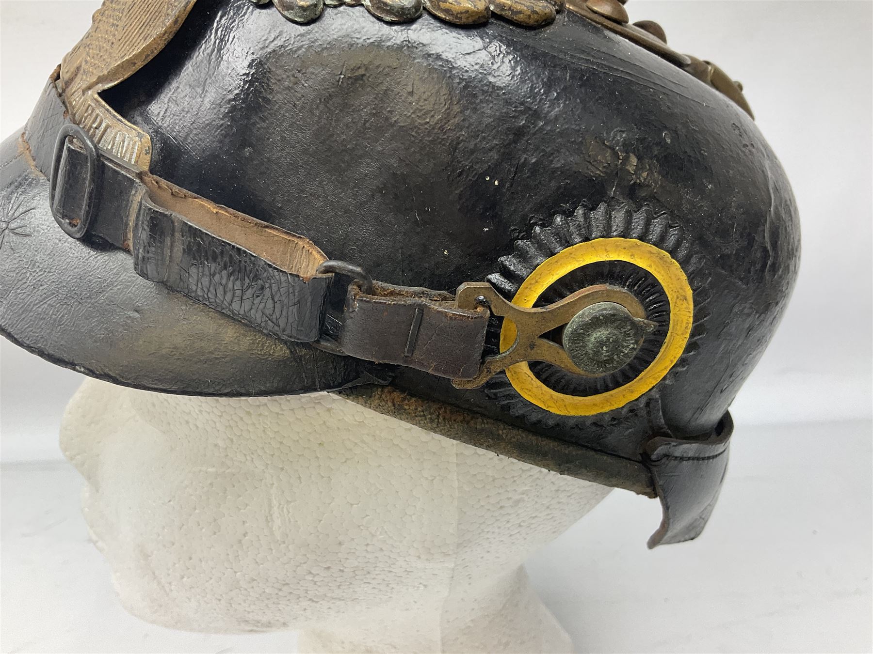 WW1 German leather Pickelhaube helmet with brass plate for Baden regiment, leather strap and leather part only of liner