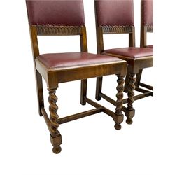 Mid-20th century set seven (6+1) oak barley twist dining chairs, upholstered back and drop in seat, on spiral turned front supports joined by H-shaped stretchers