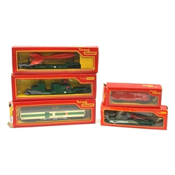 Tri-ang/Hornby '00' gauge - Battle Space Medical Corps Ambulance car; Anti-Aircraft Searchlight wagon; Red Arrow Bomb Transporter; Battle Rescue Helicopter car; and Exploding car (red), all boxed