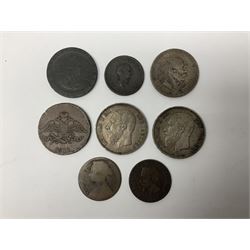 Two Belgium silver five franc coins dated 1868 and 1870, Kingdom of Hannover 1845 one thaler etc (8)