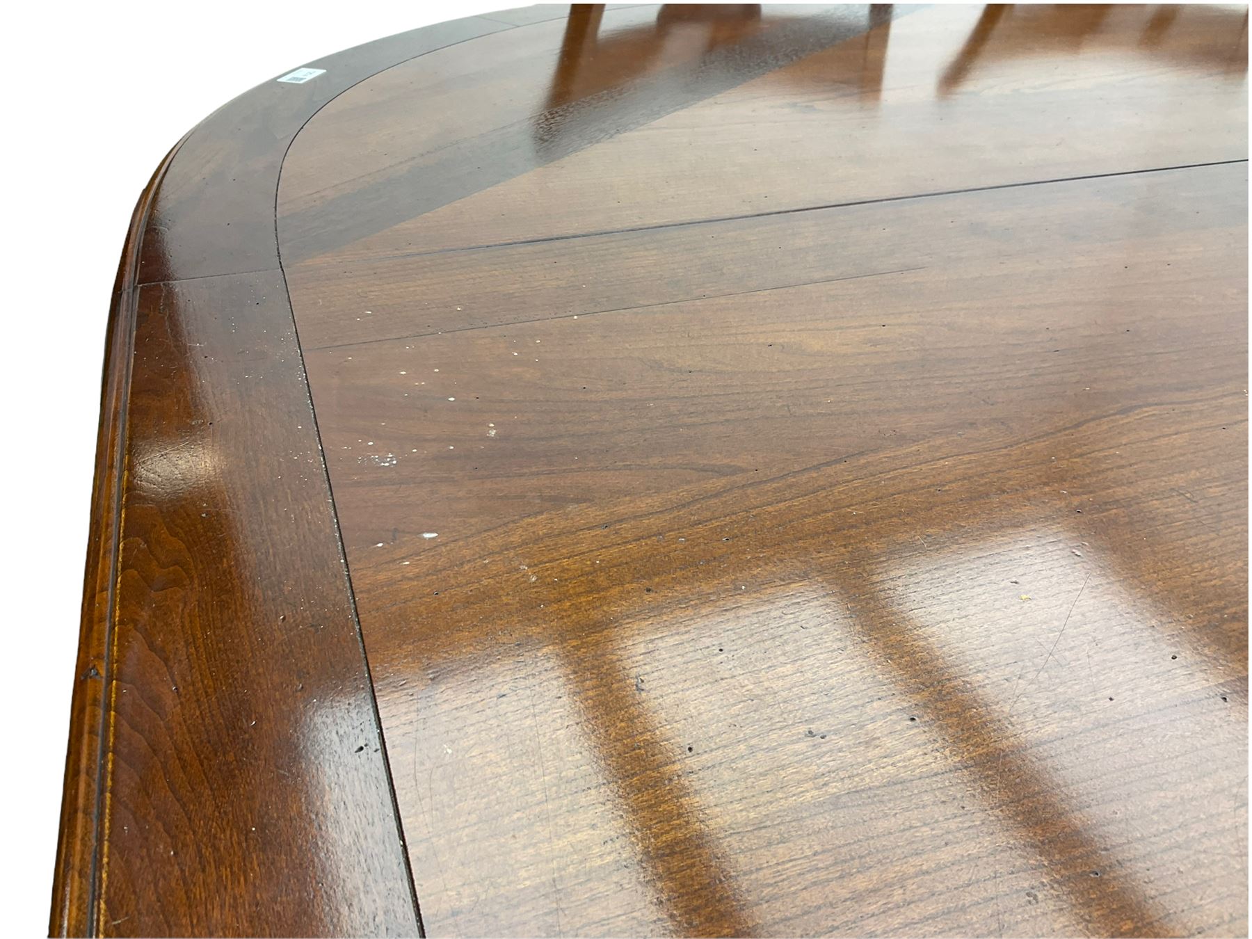 Grange Furniture - cherry wood finish oval extending dining table on square tapering supports, and a set of eight dining chairs with curved backs and upholstered seats 