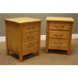  Pair light oak three drawer pedestal bedsides, W50cm, H65cm, D44cm  