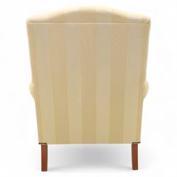 Wesley-Barrell - Georgian design traditional shaped armchair with rolled arms, sprung back and loose seat cushion upholstered in beige striped fabric with gold piping, raised on cabriole supports with ball and claw feet