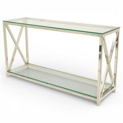 Modern chrome console table, rectangular plate glass top on polished chrome frame, the sid...